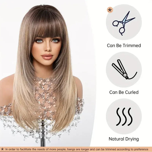 Natural Layered Hair Wigs For Women Daily Party Use Brown Ombre Synthetic Wigs Long Straight Fake Hair With Bangs Heat Resistant