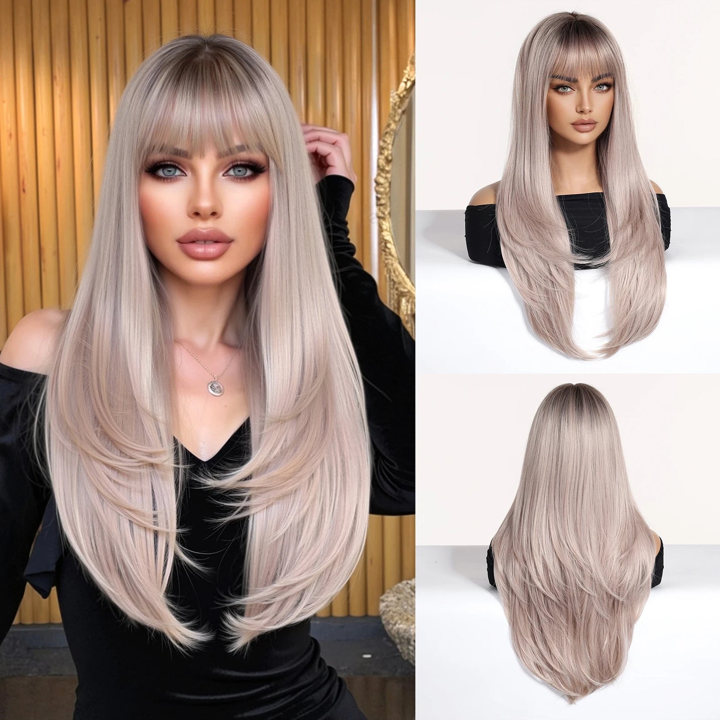 Platinum Blonde Ombre Long Synthetic Wigs with Bangs Straight Layered Cosplay Party Wigs for Women Natural Hair Heat Resistant