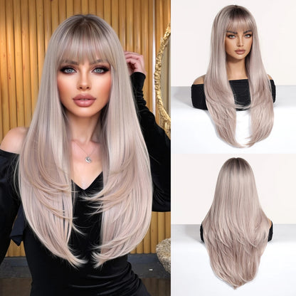 Platinum Blonde Ombre Long Synthetic Wigs with Bangs Straight Layered Cosplay Party Wigs for Women Natural Hair Heat Resistant
