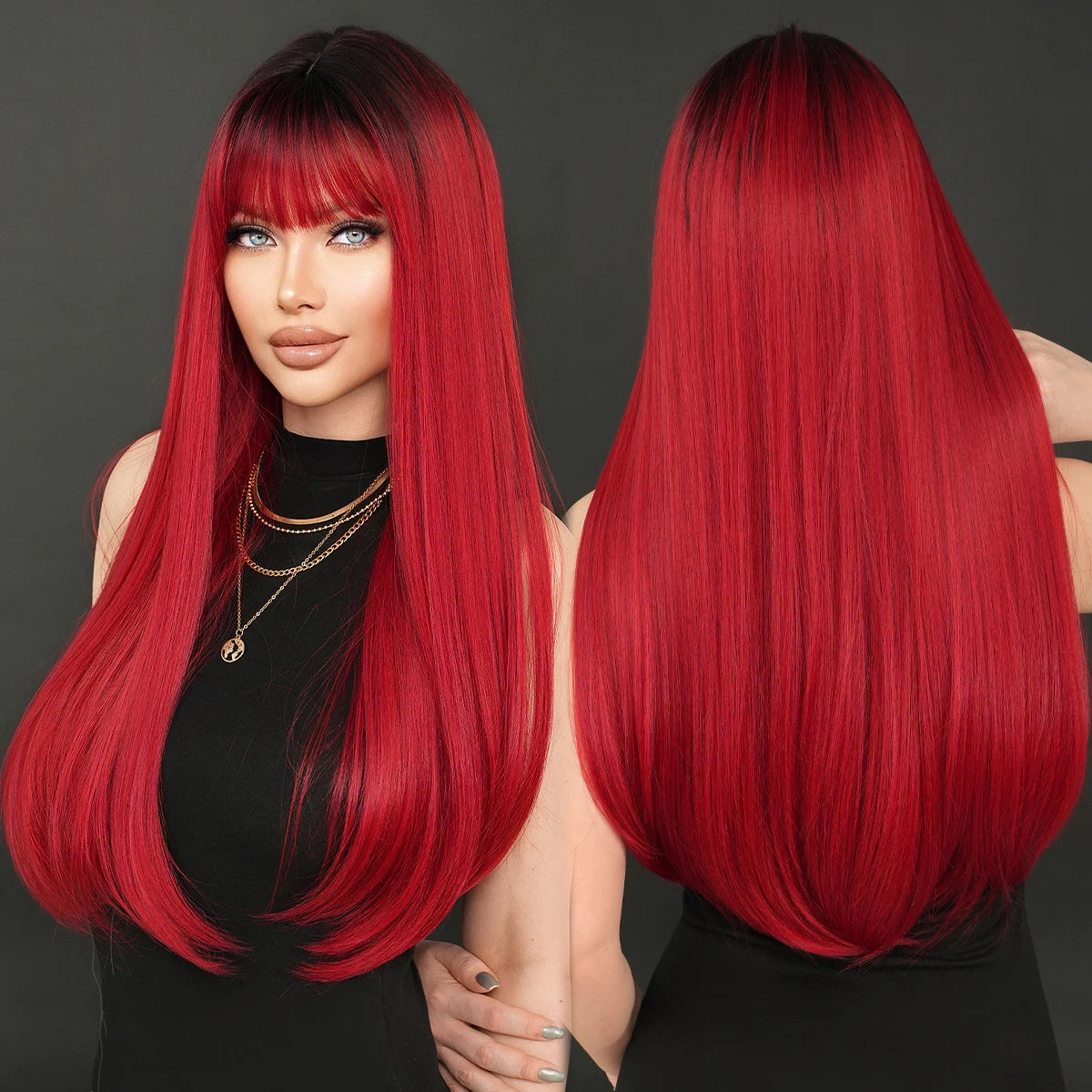 7JHH WIGS Long Straight Black Wig for Women Daily Use High Density Synthetic Layered Black Hair Wigs with Bangs Natural Looking