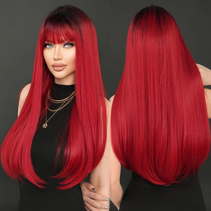 7JHH WIGS Long Straight Black Wig for Women Daily Use High Density Synthetic Layered Black Hair Wigs with Bangs Natural Looking