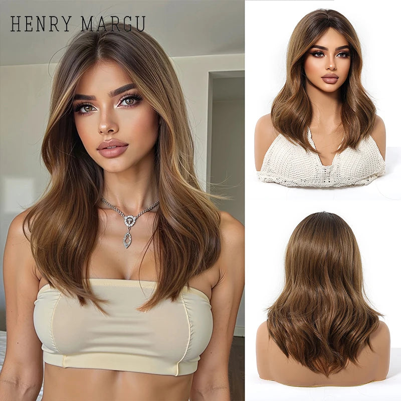 HENRY MARGU Medium Length Wavy Synthetic Hair Wig for Women Copper Wavy Fake Hair Middle Part Daily Club Wigs High Temperature