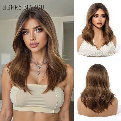 HENRY MARGU Medium Length Wavy Synthetic Hair Wig for Women Copper Wavy Fake Hair Middle Part Daily Club Wigs High Temperature