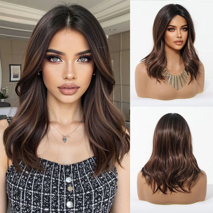 HENRY MARGU Medium Length Wavy Synthetic Hair Wig for Women Copper Wavy Fake Hair Middle Part Daily Club Wigs High Temperature