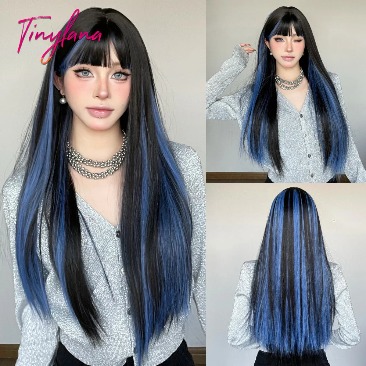 Platinum Blonde Ombre Long Synthetic Wigs with Bangs Straight Layered Cosplay Party Wigs for Women Natural Hair Heat Resistant