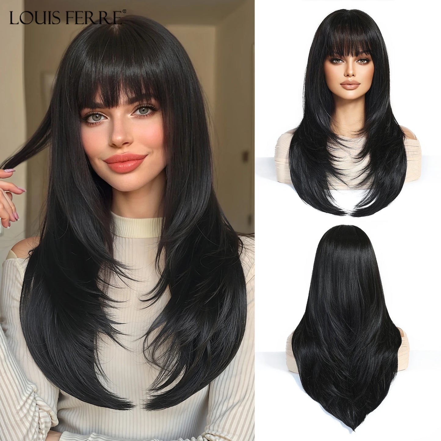 Natural Layered Hair Wigs For Women Daily Party Use Brown Ombre Synthetic Wigs Long Straight Fake Hair With Bangs Heat Resistant