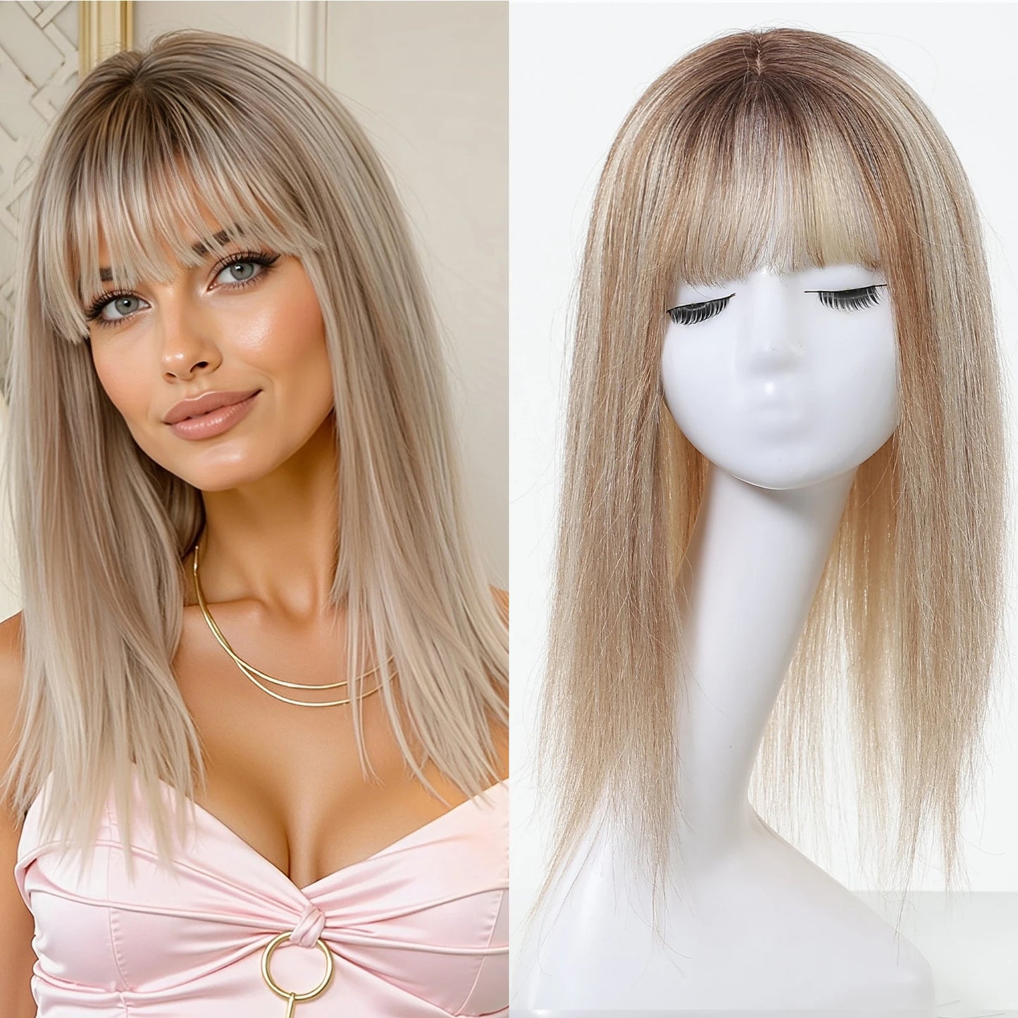 Brown Highlights Human Hair Toppers 9x9inch Large Base Hair Pieces 16 inch Toppers for Women with Multiple Non-slip Clips