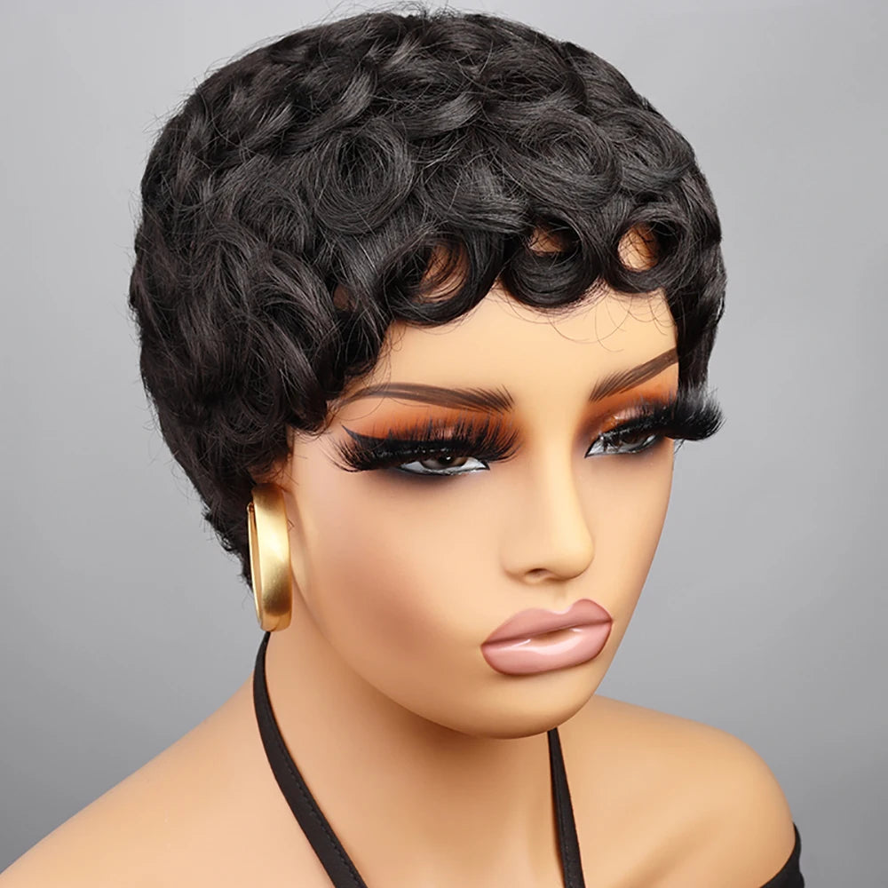 Short Pixie Cut Wigs Natural Black Human Hair Wigs Machine Made Natural Wavy Short Curly Layered Pixie Wig for Black Women