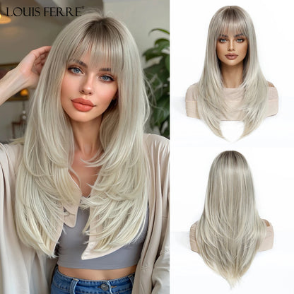 Natural Layered Hair Wigs For Women Daily Party Use Brown Ombre Synthetic Wigs Long Straight Fake Hair With Bangs Heat Resistant