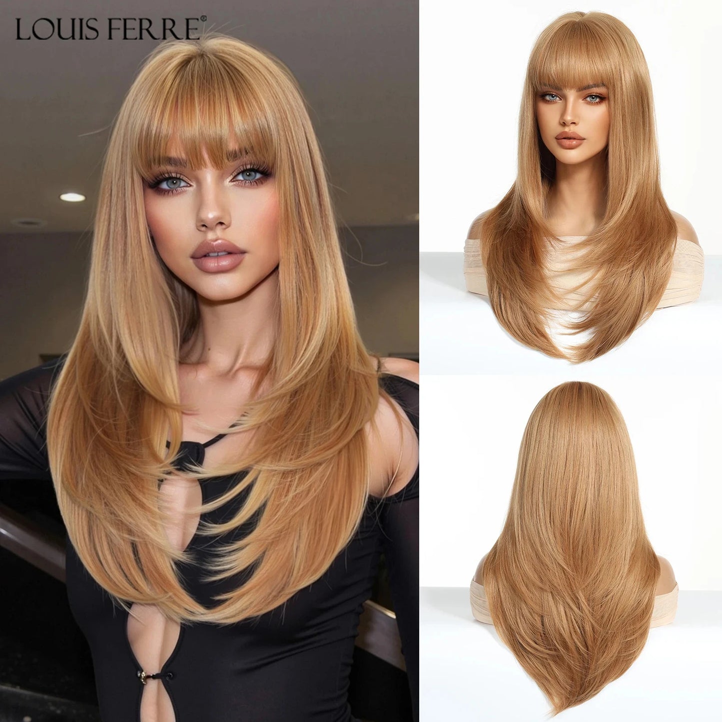 Natural Layered Hair Wigs For Women Daily Party Use Brown Ombre Synthetic Wigs Long Straight Fake Hair With Bangs Heat Resistant