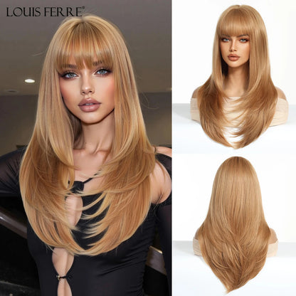 Natural Layered Hair Wigs For Women Daily Party Use Brown Ombre Synthetic Wigs Long Straight Fake Hair With Bangs Heat Resistant