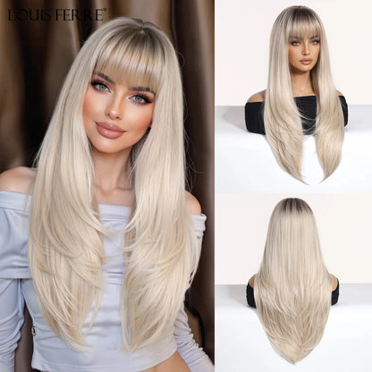 Natural Layered Hair Wigs For Women Daily Party Use Brown Ombre Synthetic Wigs Long Straight Fake Hair With Bangs Heat Resistant