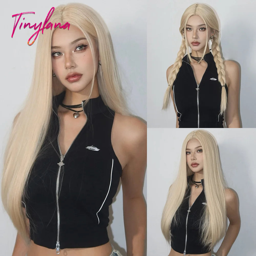 Platinum Blonde Ombre Long Synthetic Wigs with Bangs Straight Layered Cosplay Party Wigs for Women Natural Hair Heat Resistant
