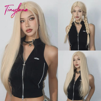 Platinum Blonde Ombre Long Synthetic Wigs with Bangs Straight Layered Cosplay Party Wigs for Women Natural Hair Heat Resistant