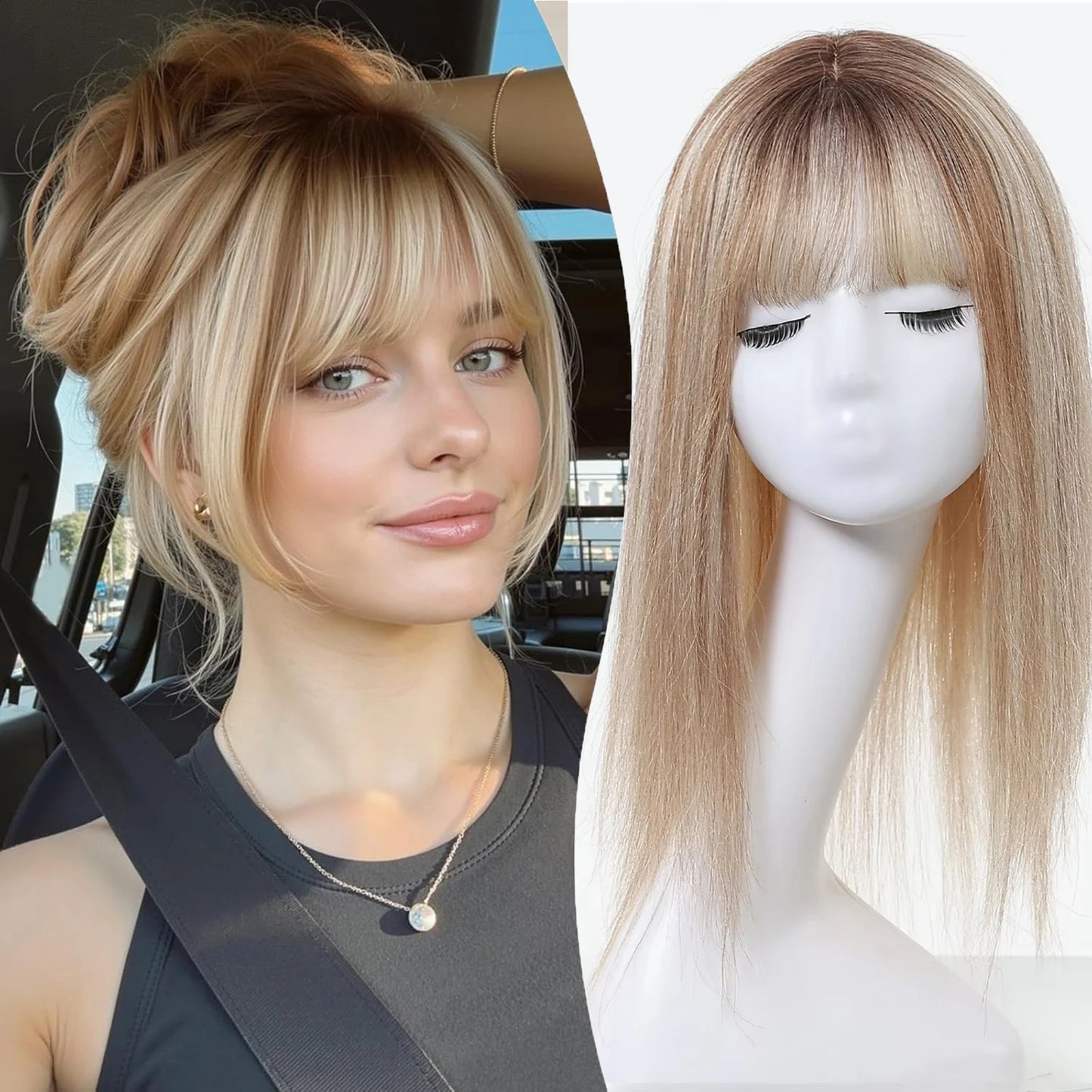Brown Highlights Human Hair Toppers 9x9inch Large Base Hair Pieces 16 inch Toppers for Women with Multiple Non-slip Clips