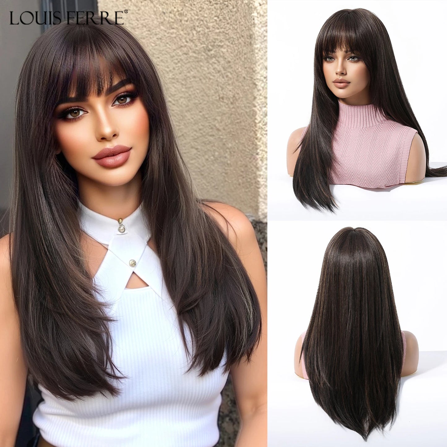 Natural Layered Hair Wigs For Women Daily Party Use Brown Ombre Synthetic Wigs Long Straight Fake Hair With Bangs Heat Resistant