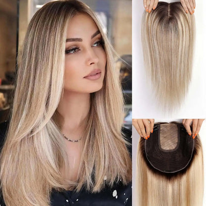 Brown Highlights Human Hair Toppers 9x9inch Large Base Hair Pieces 16 inch Toppers for Women with Multiple Non-slip Clips